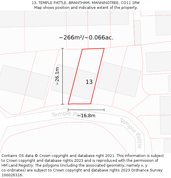 13, TEMPLE PATTLE, BRANTHAM, MANNINGTREE, CO11 1RW: Plot and title map