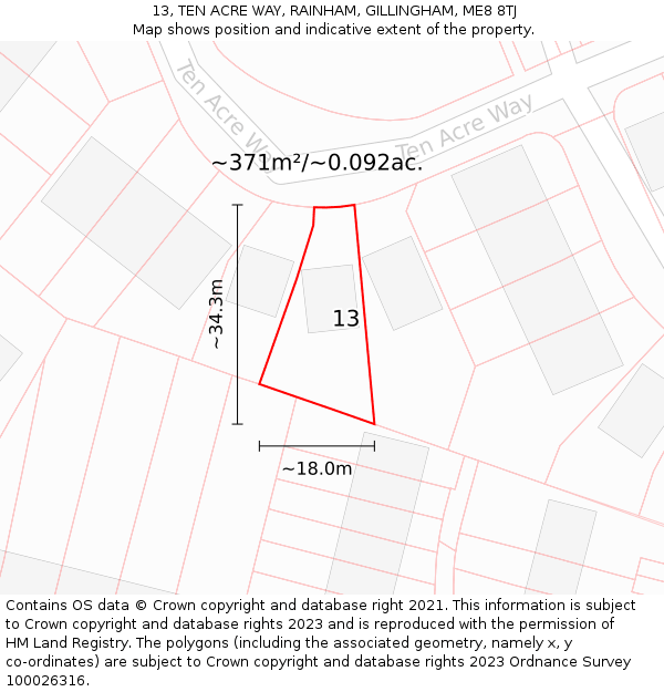 13, TEN ACRE WAY, RAINHAM, GILLINGHAM, ME8 8TJ: Plot and title map