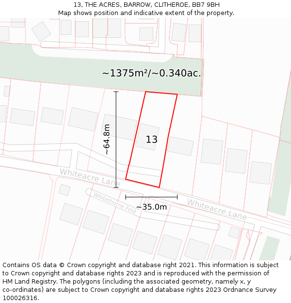 13, THE ACRES, BARROW, CLITHEROE, BB7 9BH: Plot and title map