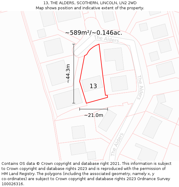 13, THE ALDERS, SCOTHERN, LINCOLN, LN2 2WD: Plot and title map