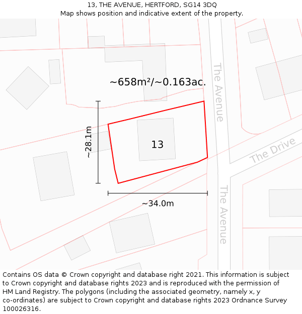 13, THE AVENUE, HERTFORD, SG14 3DQ: Plot and title map