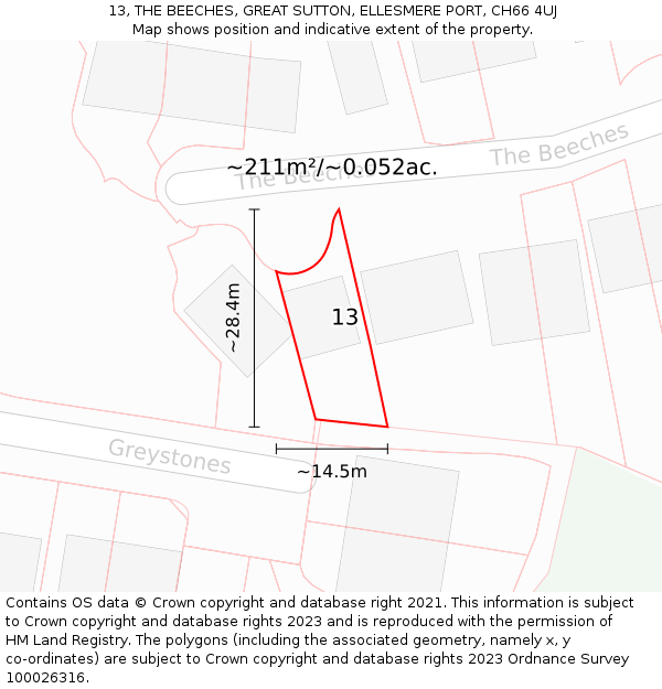 13, THE BEECHES, GREAT SUTTON, ELLESMERE PORT, CH66 4UJ: Plot and title map