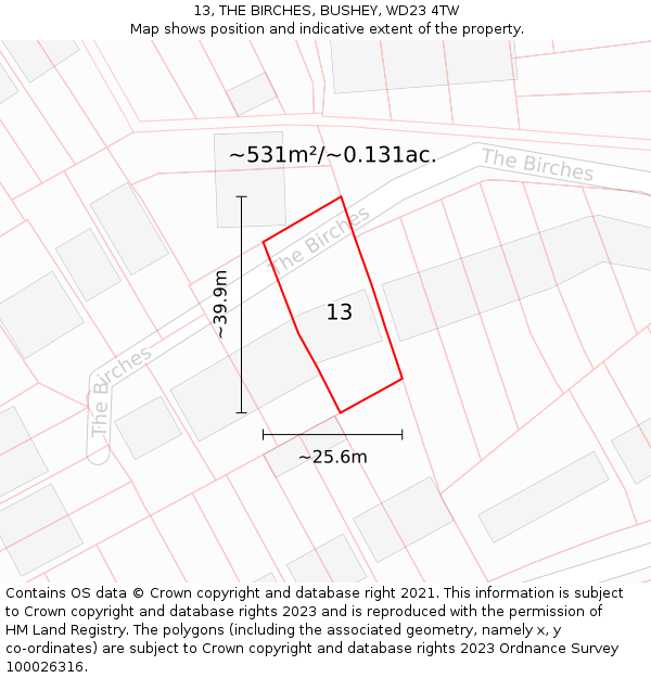 13, THE BIRCHES, BUSHEY, WD23 4TW: Plot and title map