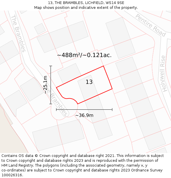 13, THE BRAMBLES, LICHFIELD, WS14 9SE: Plot and title map