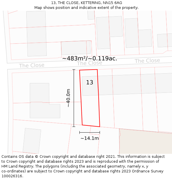 13, THE CLOSE, KETTERING, NN15 6AG: Plot and title map