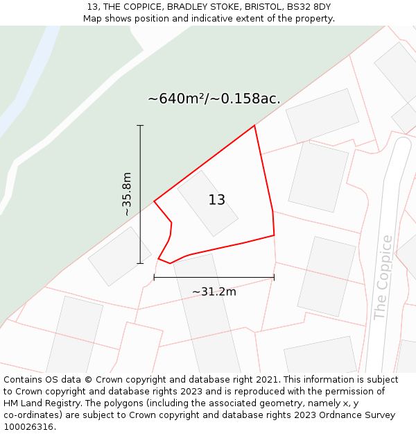 13, THE COPPICE, BRADLEY STOKE, BRISTOL, BS32 8DY: Plot and title map
