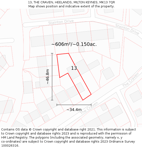 13, THE CRAVEN, HEELANDS, MILTON KEYNES, MK13 7QR: Plot and title map