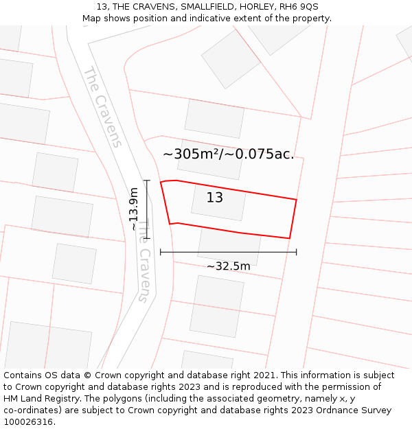 13, THE CRAVENS, SMALLFIELD, HORLEY, RH6 9QS: Plot and title map