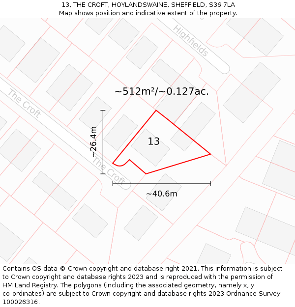 13, THE CROFT, HOYLANDSWAINE, SHEFFIELD, S36 7LA: Plot and title map