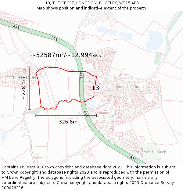 13, THE CROFT, LONGDON, RUGELEY, WS15 4PR: Plot and title map