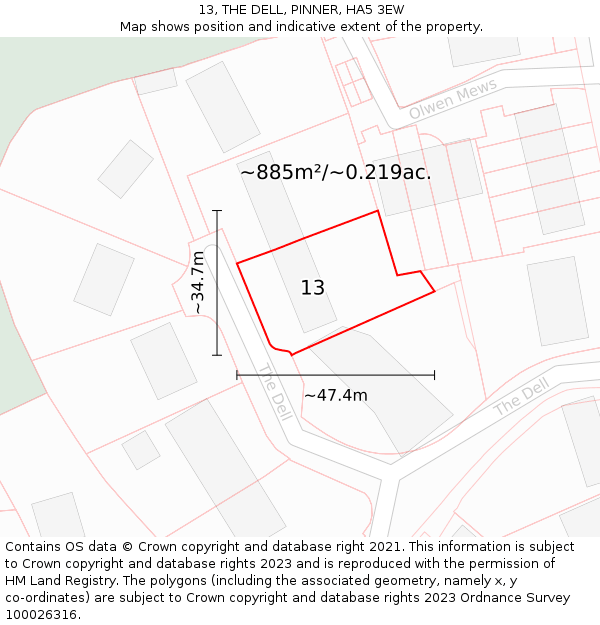 13, THE DELL, PINNER, HA5 3EW: Plot and title map