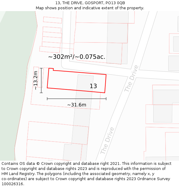13, THE DRIVE, GOSPORT, PO13 0QB: Plot and title map