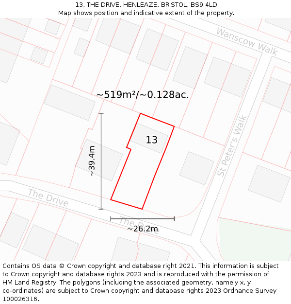 13, THE DRIVE, HENLEAZE, BRISTOL, BS9 4LD: Plot and title map