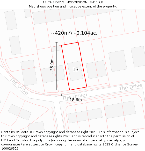 13, THE DRIVE, HODDESDON, EN11 9JB: Plot and title map