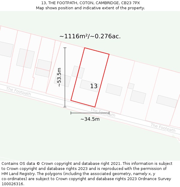 13, THE FOOTPATH, COTON, CAMBRIDGE, CB23 7PX: Plot and title map