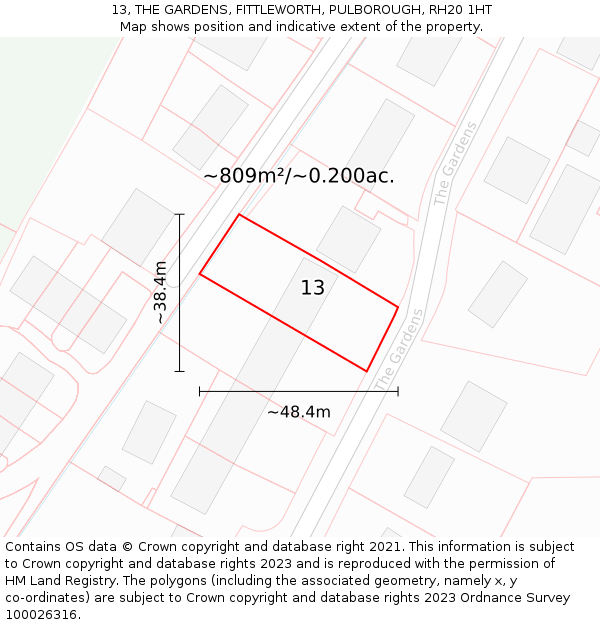 13, THE GARDENS, FITTLEWORTH, PULBOROUGH, RH20 1HT: Plot and title map