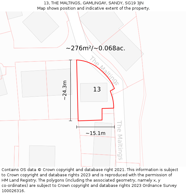 13, THE MALTINGS, GAMLINGAY, SANDY, SG19 3JN: Plot and title map