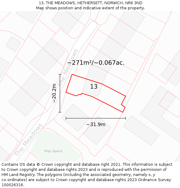 13, THE MEADOWS, HETHERSETT, NORWICH, NR9 3ND: Plot and title map
