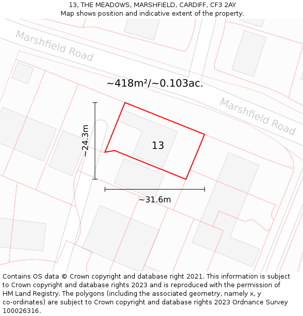 13, THE MEADOWS, MARSHFIELD, CARDIFF, CF3 2AY: Plot and title map