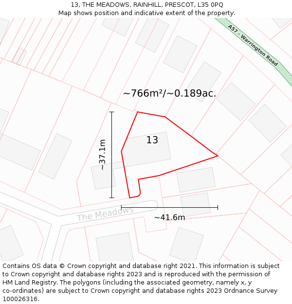 13, THE MEADOWS, RAINHILL, PRESCOT, L35 0PQ: Plot and title map