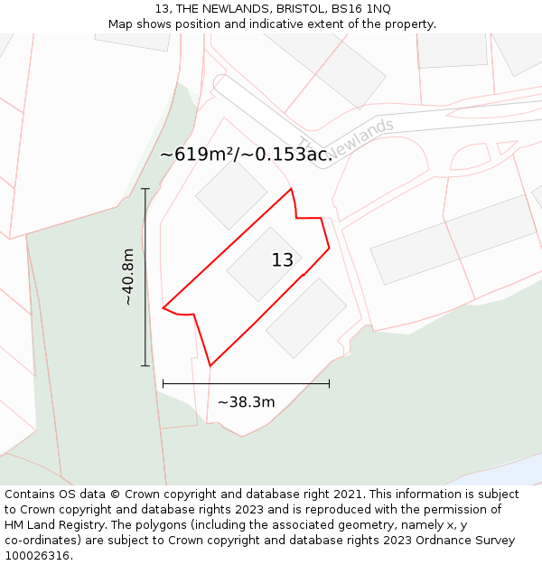 13, THE NEWLANDS, BRISTOL, BS16 1NQ: Plot and title map