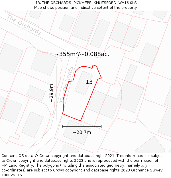 13, THE ORCHARDS, PICKMERE, KNUTSFORD, WA16 0LS: Plot and title map