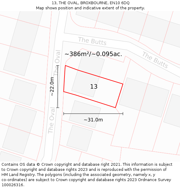 13, THE OVAL, BROXBOURNE, EN10 6DQ: Plot and title map