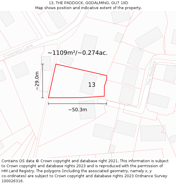 13, THE PADDOCK, GODALMING, GU7 1XD: Plot and title map