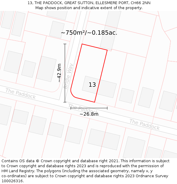 13, THE PADDOCK, GREAT SUTTON, ELLESMERE PORT, CH66 2NN: Plot and title map
