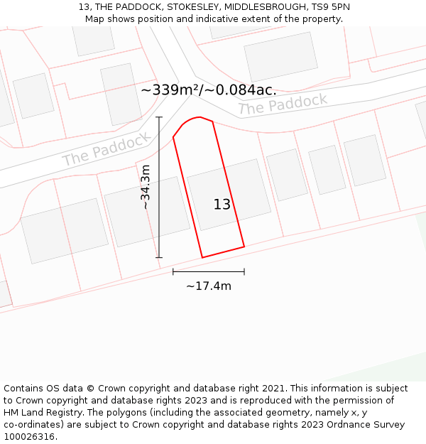 13, THE PADDOCK, STOKESLEY, MIDDLESBROUGH, TS9 5PN: Plot and title map