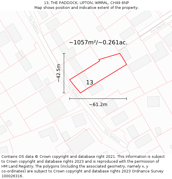 13, THE PADDOCK, UPTON, WIRRAL, CH49 6NP: Plot and title map