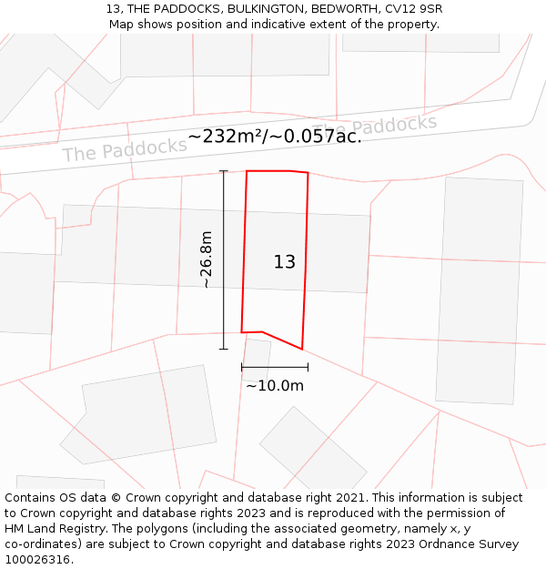 13, THE PADDOCKS, BULKINGTON, BEDWORTH, CV12 9SR: Plot and title map