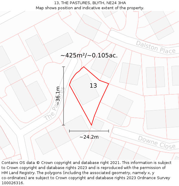 13, THE PASTURES, BLYTH, NE24 3HA: Plot and title map