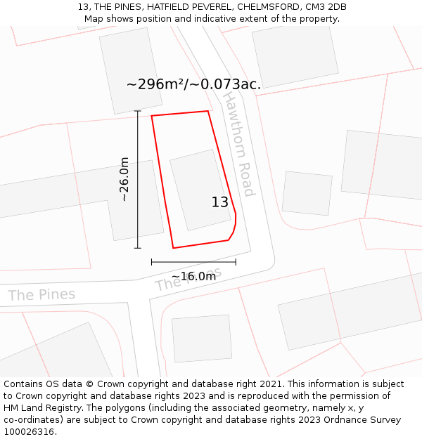 13, THE PINES, HATFIELD PEVEREL, CHELMSFORD, CM3 2DB: Plot and title map