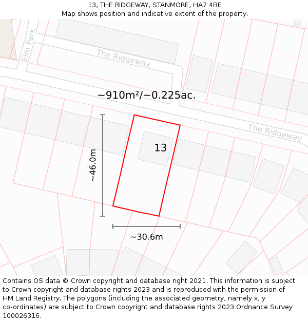 13, THE RIDGEWAY, STANMORE, HA7 4BE: Plot and title map