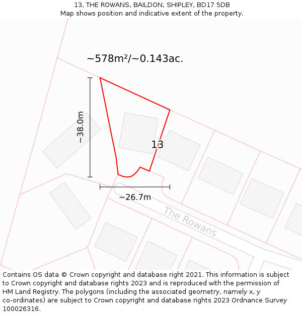 13, THE ROWANS, BAILDON, SHIPLEY, BD17 5DB: Plot and title map