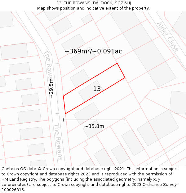 13, THE ROWANS, BALDOCK, SG7 6HJ: Plot and title map