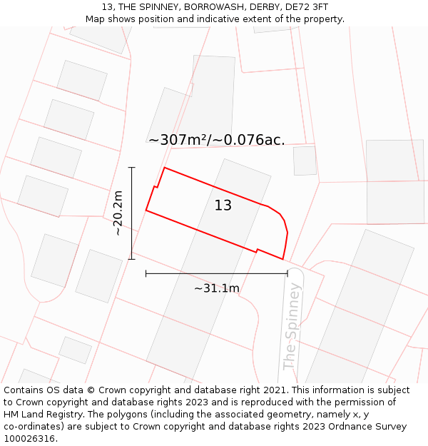 13, THE SPINNEY, BORROWASH, DERBY, DE72 3FT: Plot and title map
