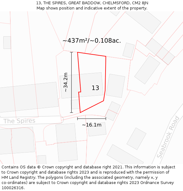 13, THE SPIRES, GREAT BADDOW, CHELMSFORD, CM2 8JN: Plot and title map