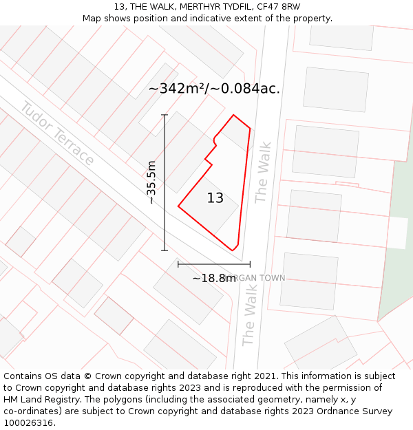13, THE WALK, MERTHYR TYDFIL, CF47 8RW: Plot and title map