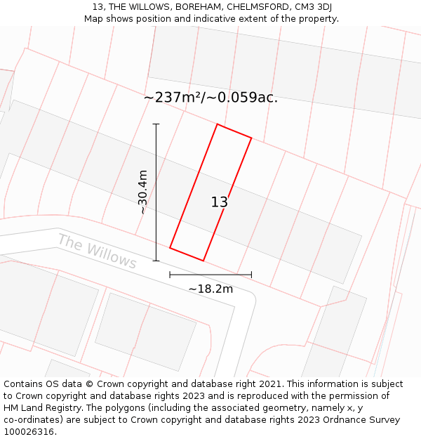 13, THE WILLOWS, BOREHAM, CHELMSFORD, CM3 3DJ: Plot and title map