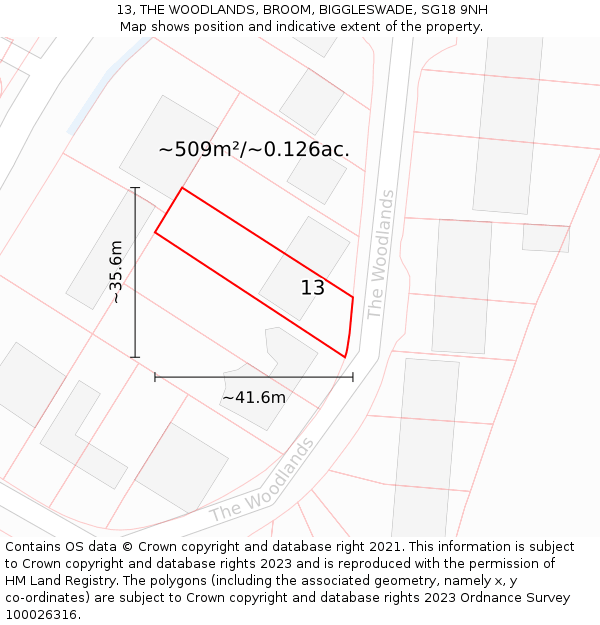 13, THE WOODLANDS, BROOM, BIGGLESWADE, SG18 9NH: Plot and title map