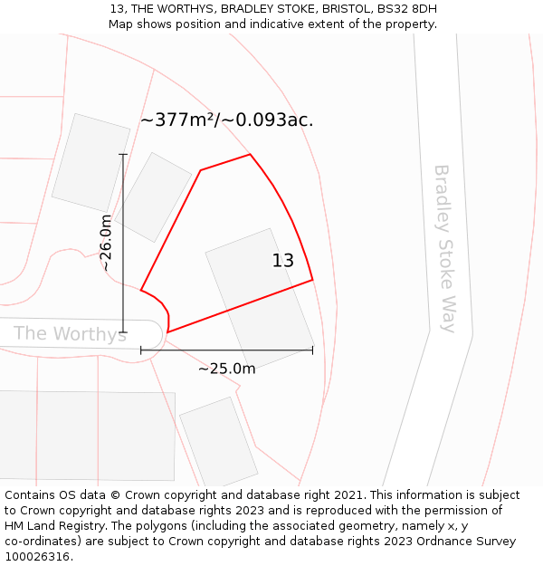13, THE WORTHYS, BRADLEY STOKE, BRISTOL, BS32 8DH: Plot and title map