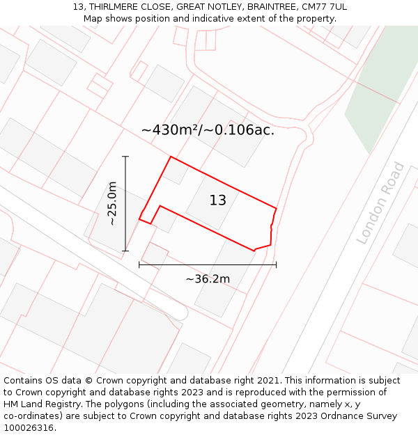 13, THIRLMERE CLOSE, GREAT NOTLEY, BRAINTREE, CM77 7UL: Plot and title map
