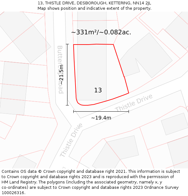 13, THISTLE DRIVE, DESBOROUGH, KETTERING, NN14 2JL: Plot and title map