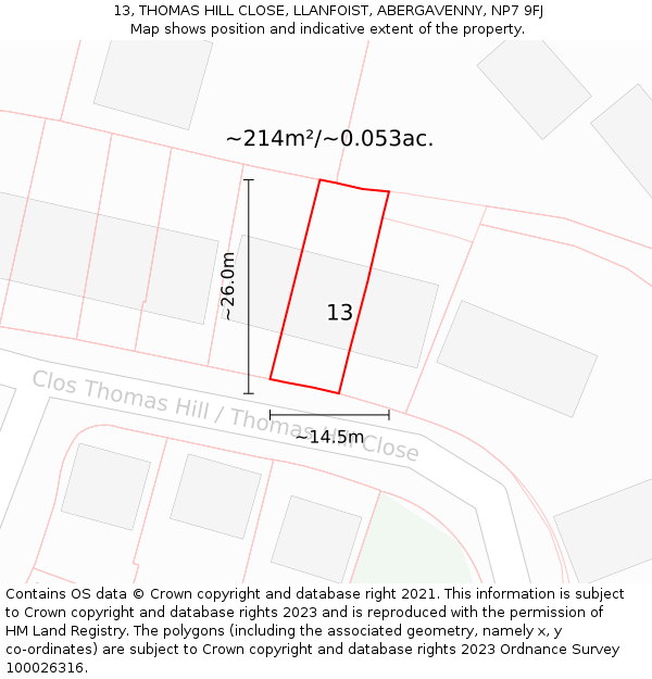 13, THOMAS HILL CLOSE, LLANFOIST, ABERGAVENNY, NP7 9FJ: Plot and title map