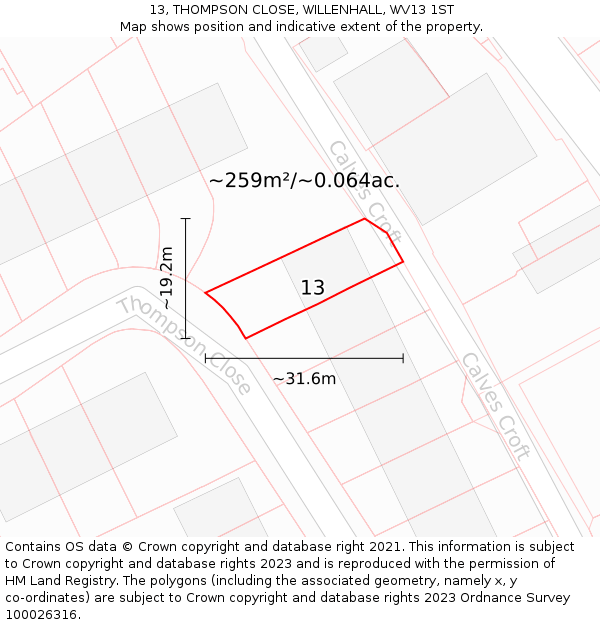 13, THOMPSON CLOSE, WILLENHALL, WV13 1ST: Plot and title map