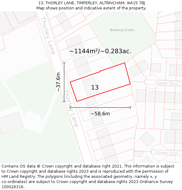 13, THORLEY LANE, TIMPERLEY, ALTRINCHAM, WA15 7BJ: Plot and title map