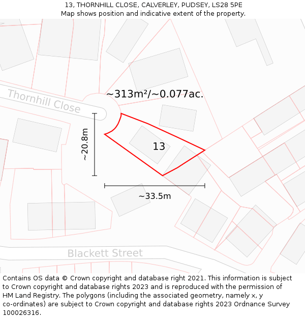 13, THORNHILL CLOSE, CALVERLEY, PUDSEY, LS28 5PE: Plot and title map
