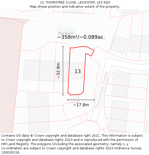 13, THORNTREE CLOSE, LEICESTER, LE3 9QS: Plot and title map